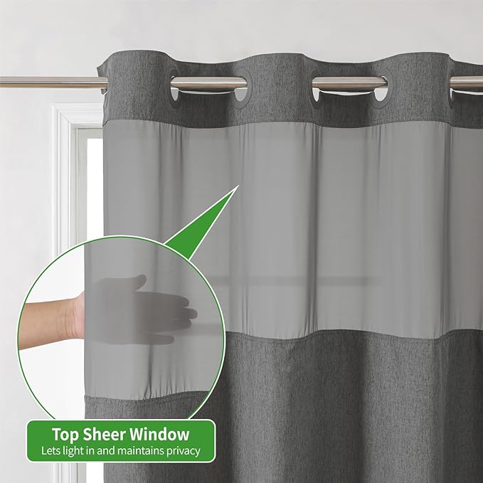 Extra Long No Hooks Needed Linen Textured Shower Curtain with Snap-in Fabric Liner Set,White Hotel Luxury Decor Shower Curtains for Bathroom,Waterproof & Washable,71Wx86H,Charcoal Grey