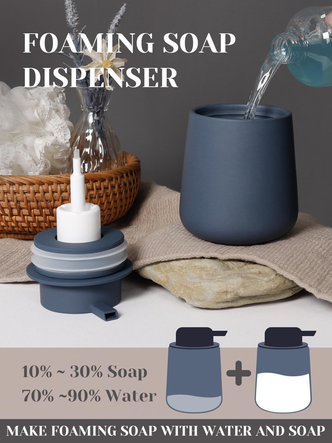 INGOFIN Ceramic Foaming Soap Dispenser - 12 oz Foam Hand Soap Dispenser Bathroom, Ceramic Dish Soap Modern Dispenser with Pump for Kitchen, Matte Blue