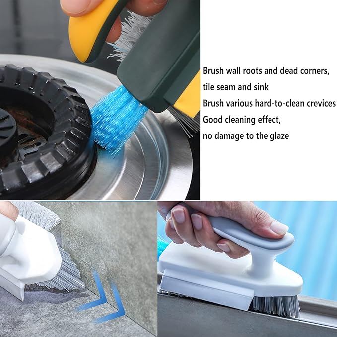 Grout and Corner Scrubber Brush with Scraper Tool 4-in-1, Stiff Bristles Crevice Floor Cleaner for Cleaning Bathroom Kitchen Wall Gap Cleaning Brush