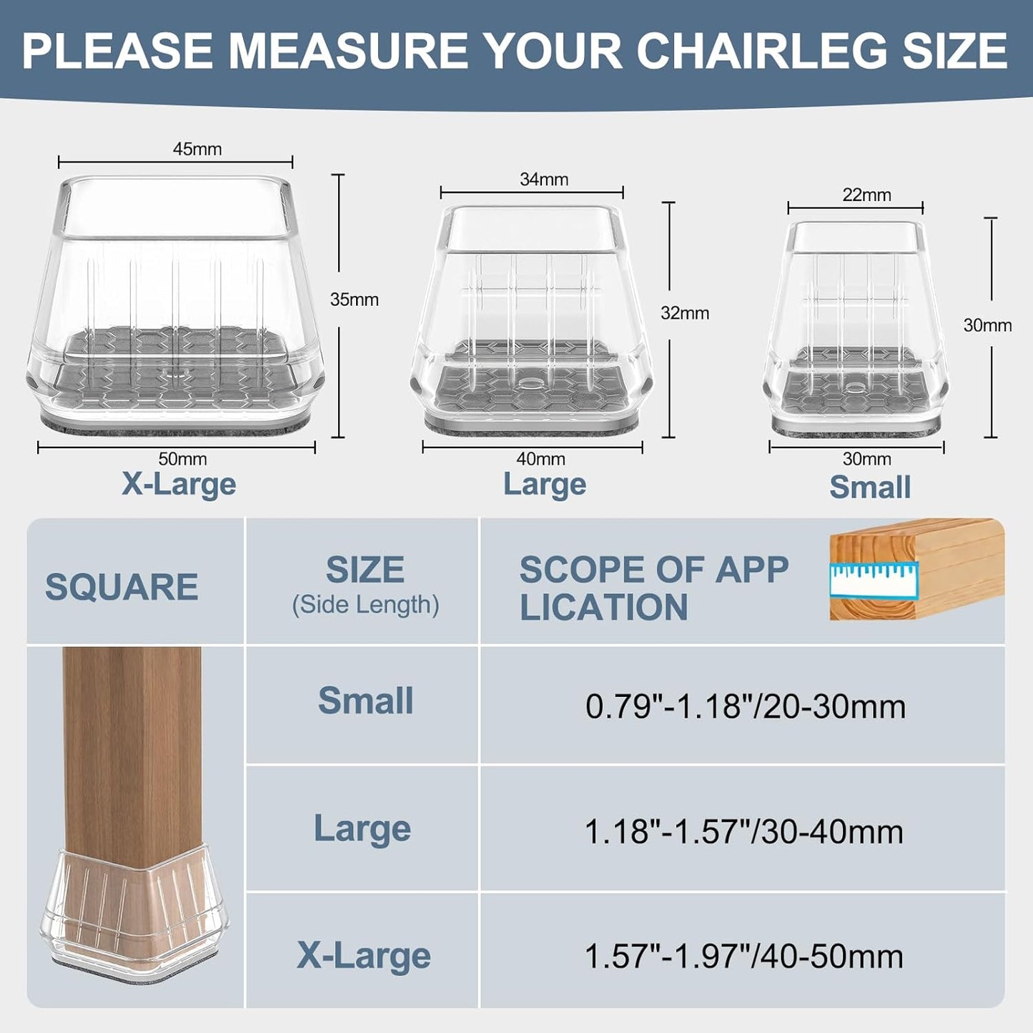 24PCS Square Chair Leg Floor Protectors for Hardwood Floors, Thicken Rubber Chair Leg Cap Covers, Non Slip Furniture Leg Pads to Protect Wood Tile Floors from Scratches and Reduce Noise