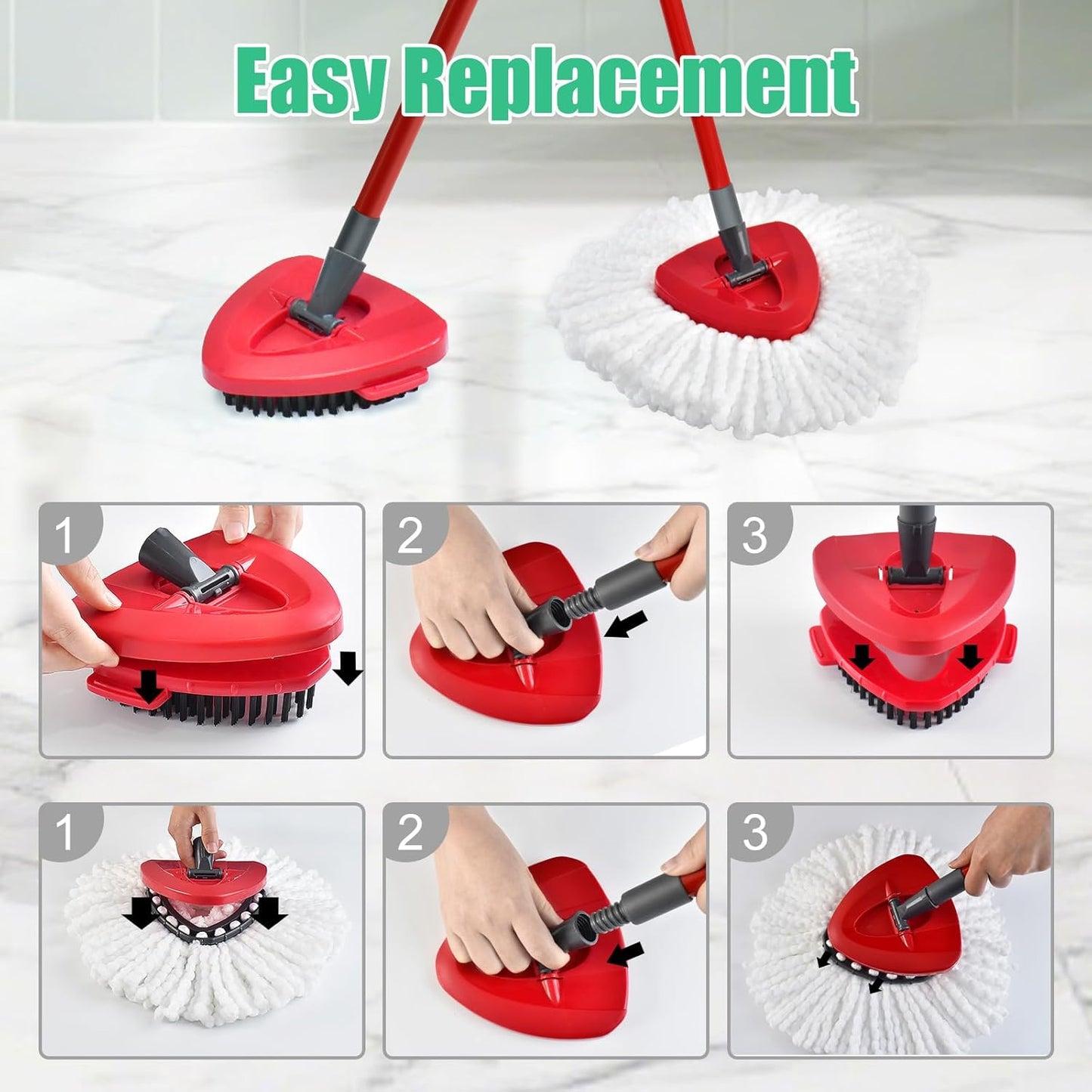 Spin Mop Heads Replacements for O Ceda EasyWring 1-Tank System, 2 Microfiber Mop Head Refills, 4-Section Iron Handle, 1 Base and 1 Scrub Brush Combo Set for Floor Cleaning