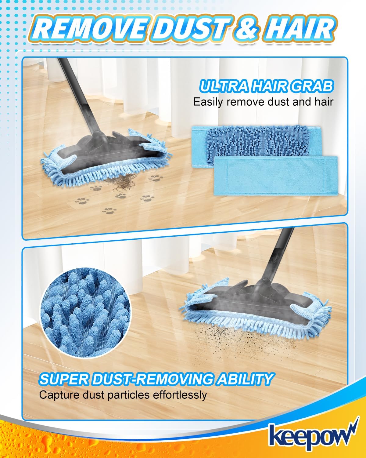 KEEPOW Microfiber Steam Mop Pad Compatible with Wagner Steamer 905e, 915e and 925e Microfiber Pads, Machine Washable Reusable Microfiber Chenille Replacement Pads, 4 Pack (Mop is Not Included)