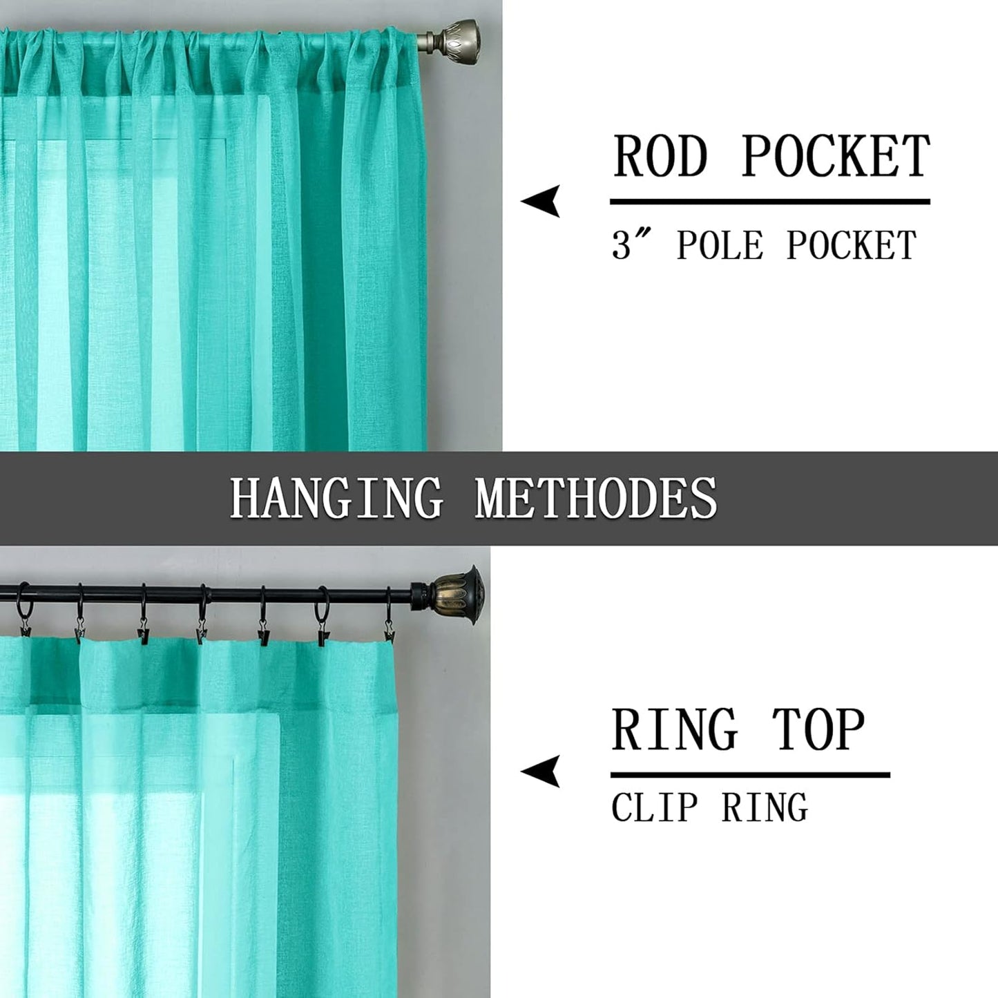 Tollpiz Short Sheer Curtain Linen Textured Living Room Curtains Sheer Light Filtering Rod Pocket Voile Curtain for Bedroom, 42 x 54 inches Long, Aqua Blue, Set of 2 Panels