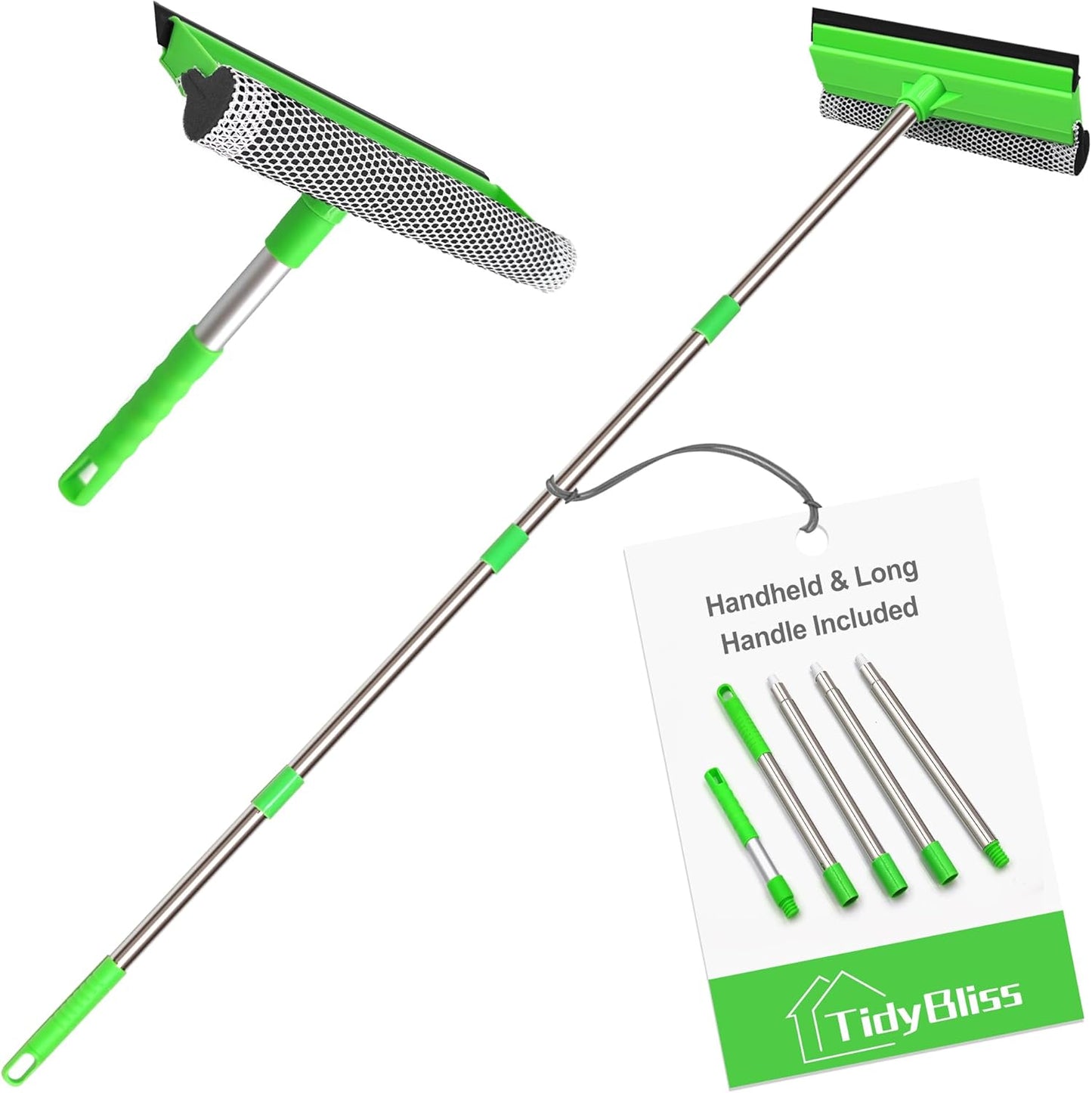Window Squeegee Professional, 56” Car Windshield Glass Cleaner Tool with Extension Pole, Long Handle Household 10 inches Washer Sponge Scrubber Kit for Cleaning Home Mirror Outdoor (Green)