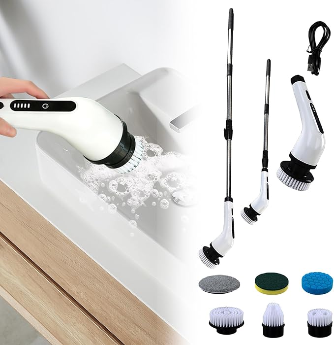 Electric Cleaning Brush, Long Handle Cordless Cleaning Scrubber, Strong Stains Remover, for Bathroom Kitchen Sink Toilet Bathtub Floor Tile Grout Glass Window