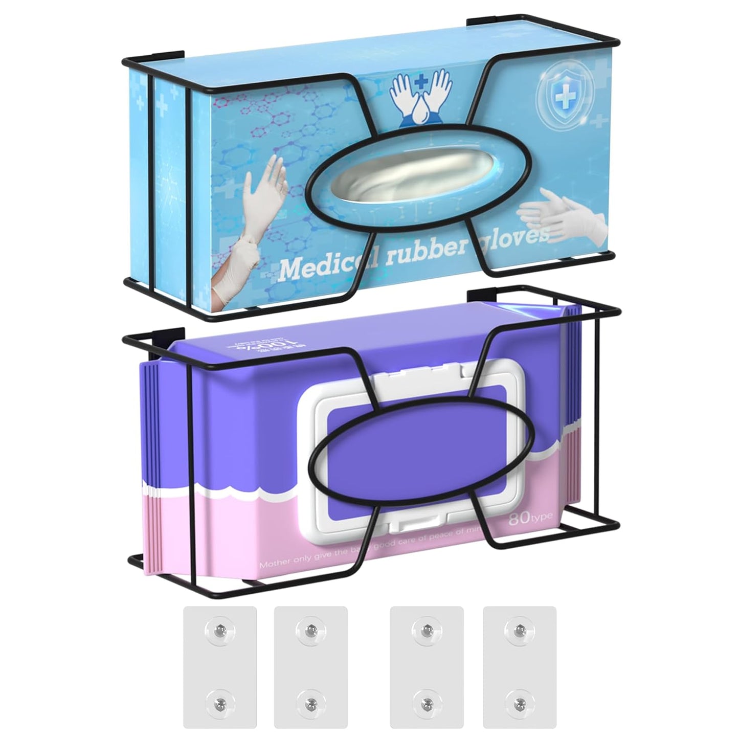 Glove Box Holder for Wall Mount, 2 Pack Disposable Glove Dispenser, Metal Box Organizer for Rubber Latex Gloves Organizer Facial Tissue - Two Size (Large+Small)