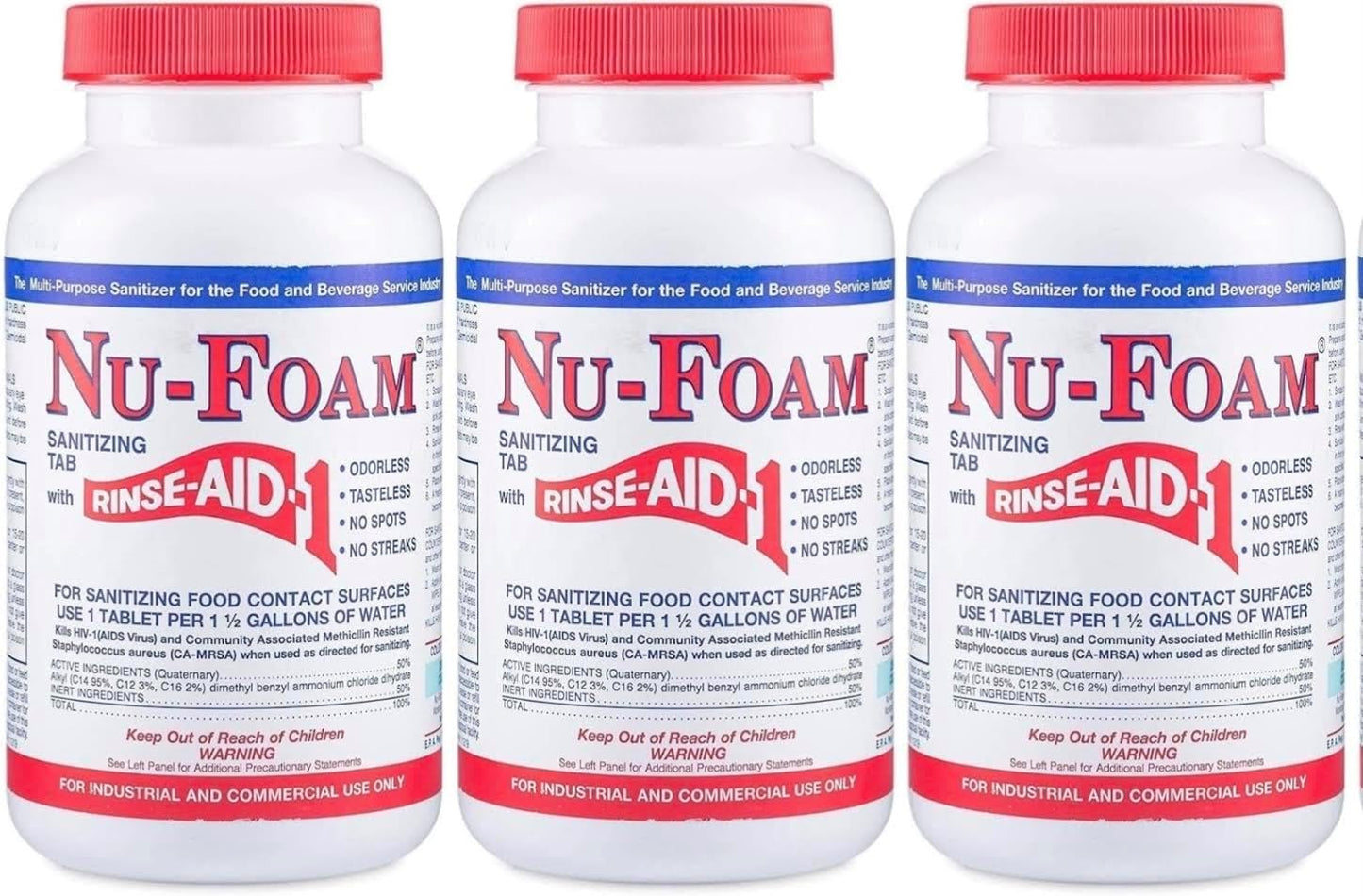 Nu-Foam Sanitizing Tablets for Bar Glassware – Superior Rinse Aid - Hand Washing Bar, Tavern, Brewery Supplies - Spotless Serving Glasses - 3 Pack 300 Tablets/ 1,800 Quarts Sanitizing Solution