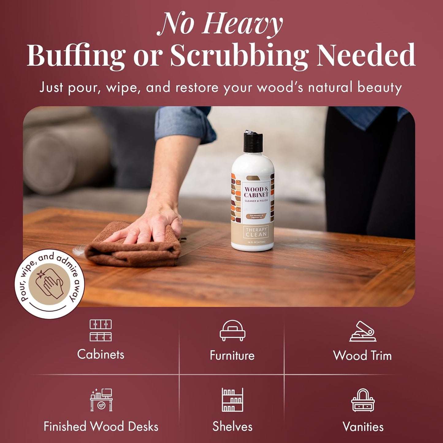 Therapy Wood Cleaner & Polish 16 oz. (2-Pack with Microfiber Cloth) - Wood Cabinet and Table Cleaner - Conditioner - Almond Scent