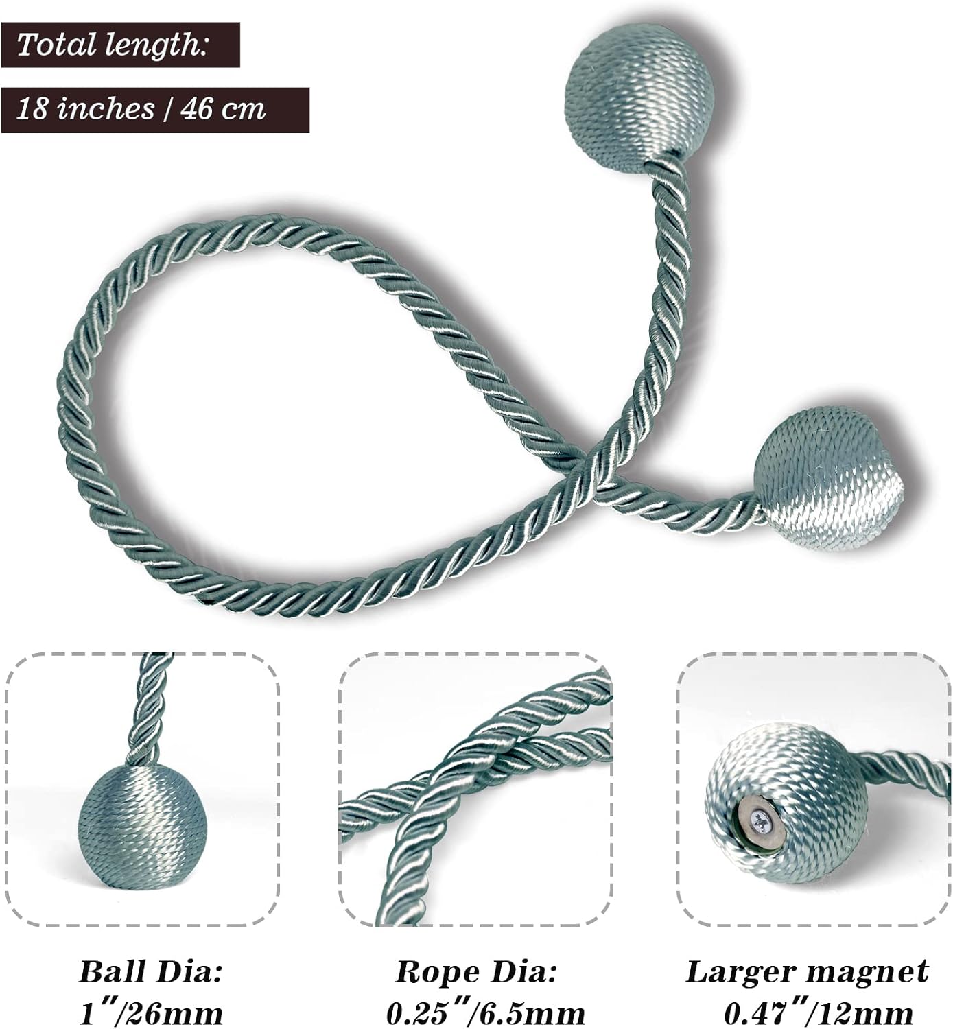 Hion Magnetic Curtain Tiebacks Gray Blue 6 Pack, Curtain Tiebacks Buckles Holdbacks Holders Hooks Clip for Home Bedroom Office Decorative Thick or Thin Curtain