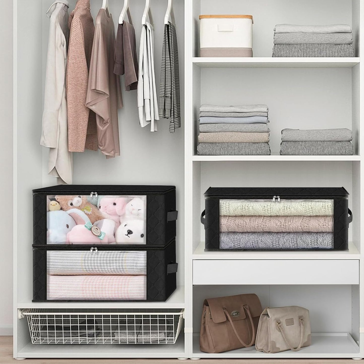 HomeHacks 6-Pack Clothes Organizer Storage Bags Foldable Storage Box with Large Clear Window Sturdy Handles for Closet, Dorm, Pillows, Bedding, Clothes, Stuffed Toys, Blankets, 35L, Black