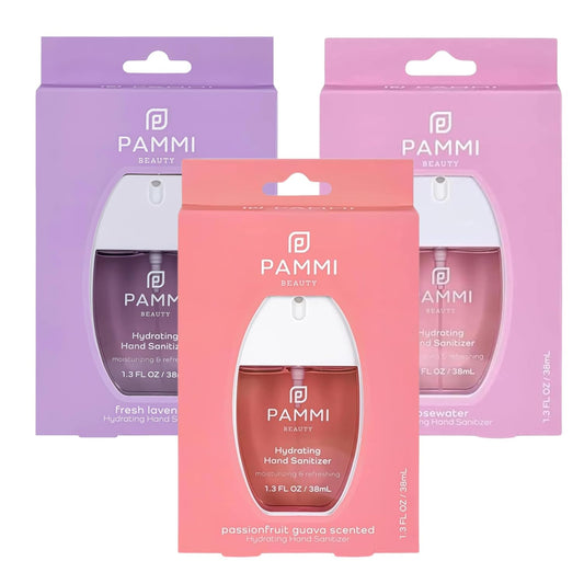 PAMMI Power Mist Hydrating Hand Sanitizer Spray, Portable Travel Size Pocket Hand Sanitizer, Scented Handsanitizer Mini Spray For Car - 600 Sprays (3 Packs (Guava,Lavender, Rose))