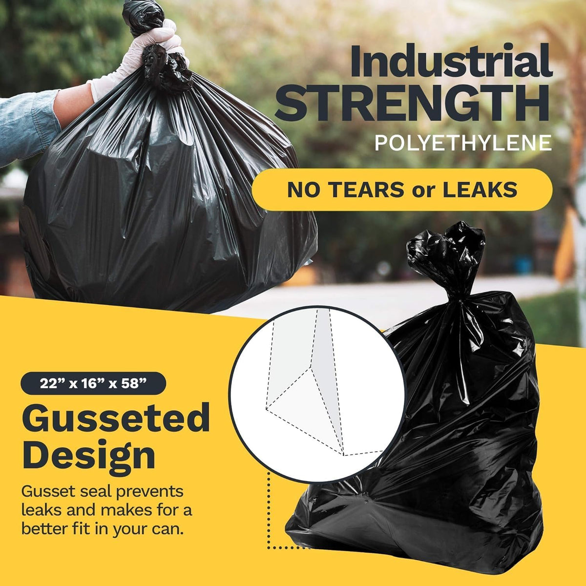 ToughBag 55 Gallon Trash Bags Heavy Duty (100 Count) - 50-60 Gallon Black Garbage Bags, Large Trash Bags - 38 x 58" - Made in USA