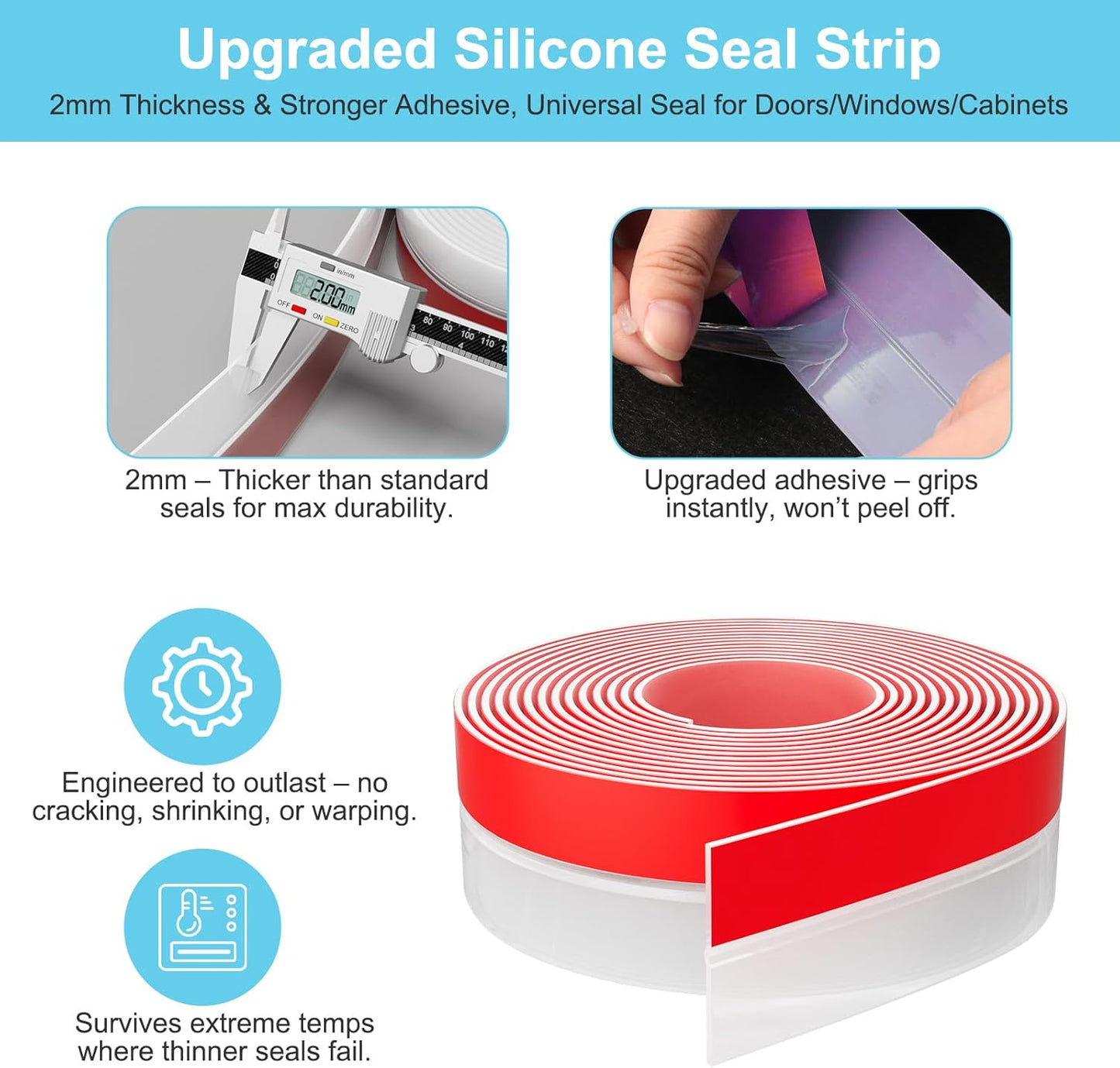 Heavy-Duty 20 ft x 2 in Weather Stripping, Extra Thick 2mm Door Draft Stopper Silicone Seal Strip for House and Glass Shower Doors for Collision and Side Gaps of Door and Windows, Clear