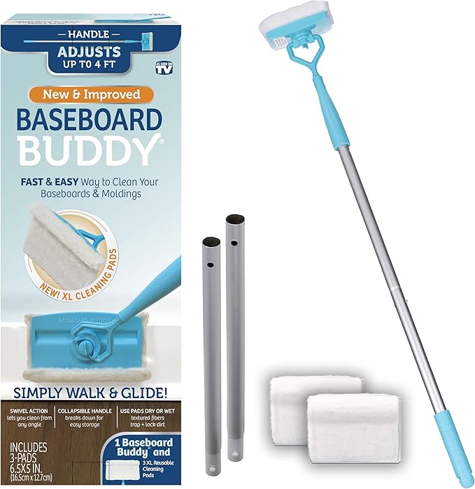 Baseboard Buddy | Lightweight Home Cleaning Essential, Perfect for Baseboards, Moldings & Walls, Glide & Wipe Trapping & Locking Dirt & Dust | As Seen on TV, (1 3 Reusable Pads)
