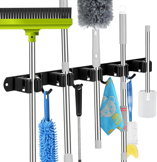voze 5 Racks and 4 Hooks Mop and Broom Holder Wall Mount, Self Adhesive Heavy Duty Broom Hanger Organizer Storage Tool Racks for Kitchen Garden Laundry Garage Black