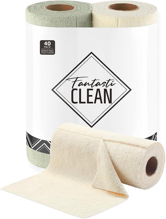 Fantasticlean Tear Away Dish Cloth - 40 Sheets - 10'' by 10'', Reusable Washable Kitchen Towel Rolls, Super Absorbent and Thick Microfiber Cleaning Cloths (2 Rolls of Beige and MossGreen)