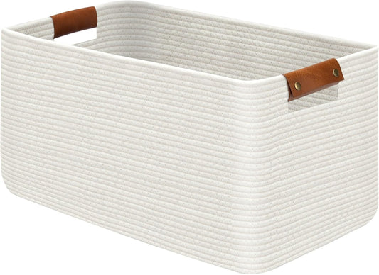Large Collapsible Laundry Basket, Clothes Hamper for Blanket, Toy, Towels, Woven Baskets for Storage, Nursery Home Decor Living room 21.6" x 15" x 11.8" White