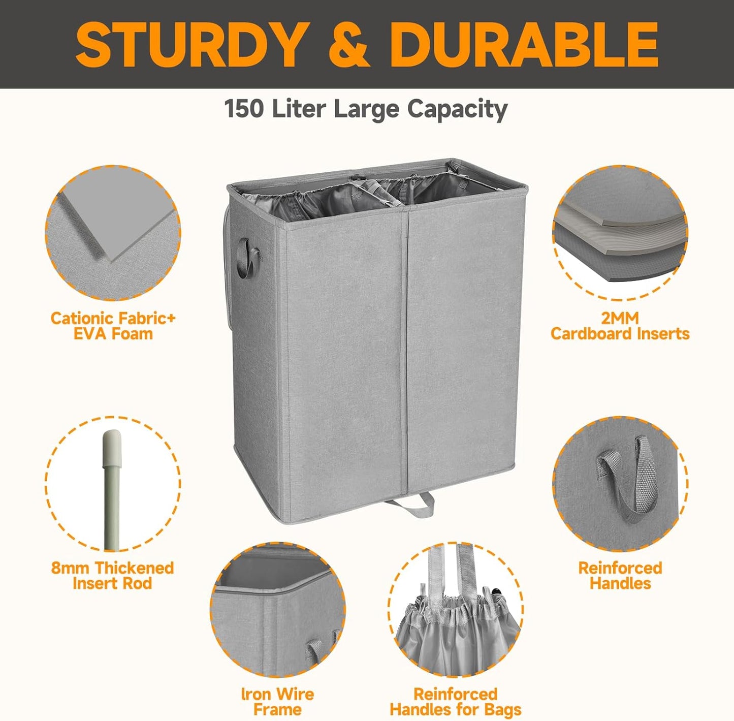 150L Double Laundry Hamper with Lid and Removable Bags,28in Tall Laundry Basket 2 Section,Large Dirty Clothes Hamper 2 Dividers for Bedroom,Laundry Room,Bathroom,Dorm Grey