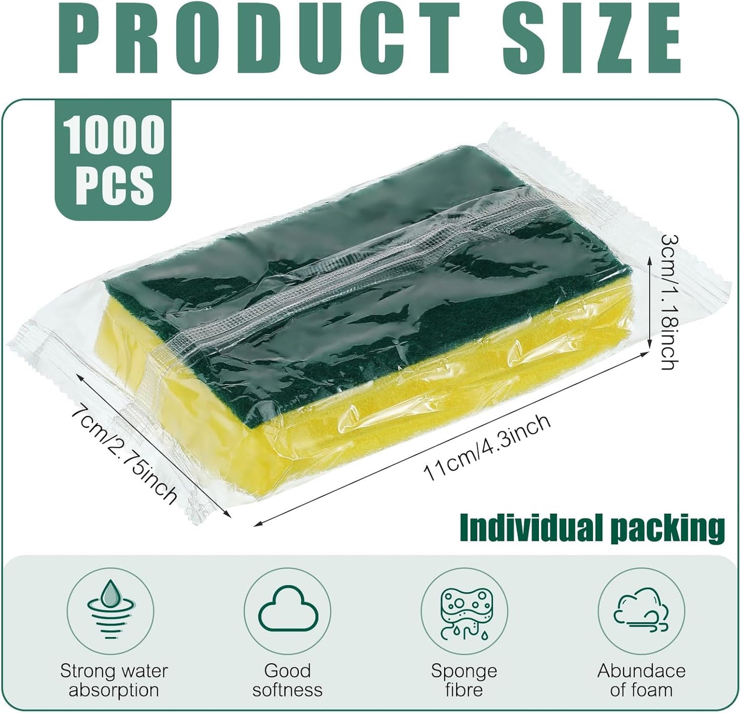 Tanlade 1000 Pcs Individually Wrapped Sponge Dishwashing Sponge Bulk Non Scratch Scrub Sponges Kitchen Scouring Pad for Household Cleaning Rental Dishes Hotel Apartment Car (Yellow,Green)