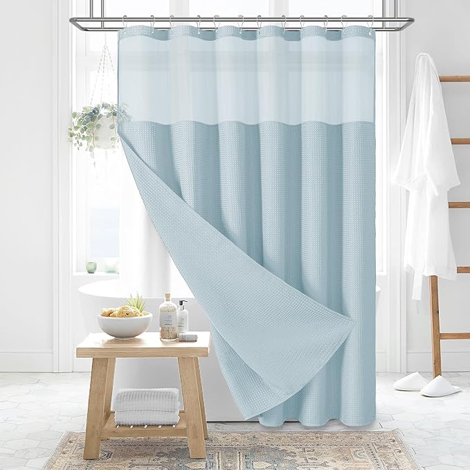 Dynamene Extra Long Shower Curtain, 84 Inch Long Waffle Fabric Shower Curtain for Bathroom, Tall Waterproof Cloth Shower Curtain Liner Set with Hook, Snap in Liner, Mesh Top Window, Fog Blue, 72x84
