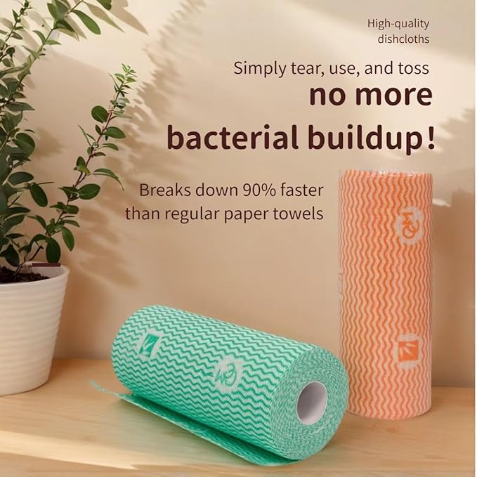 Lazy Cleaning Cloths, Disposable Microfiber Cloths, Reusable Dish Rags, Dry/Wet Use for Dishware, Countertops, Stove, Camping, RVs, Tearable Roll Design (55 Sheets, 9.45"x11.81",Green)