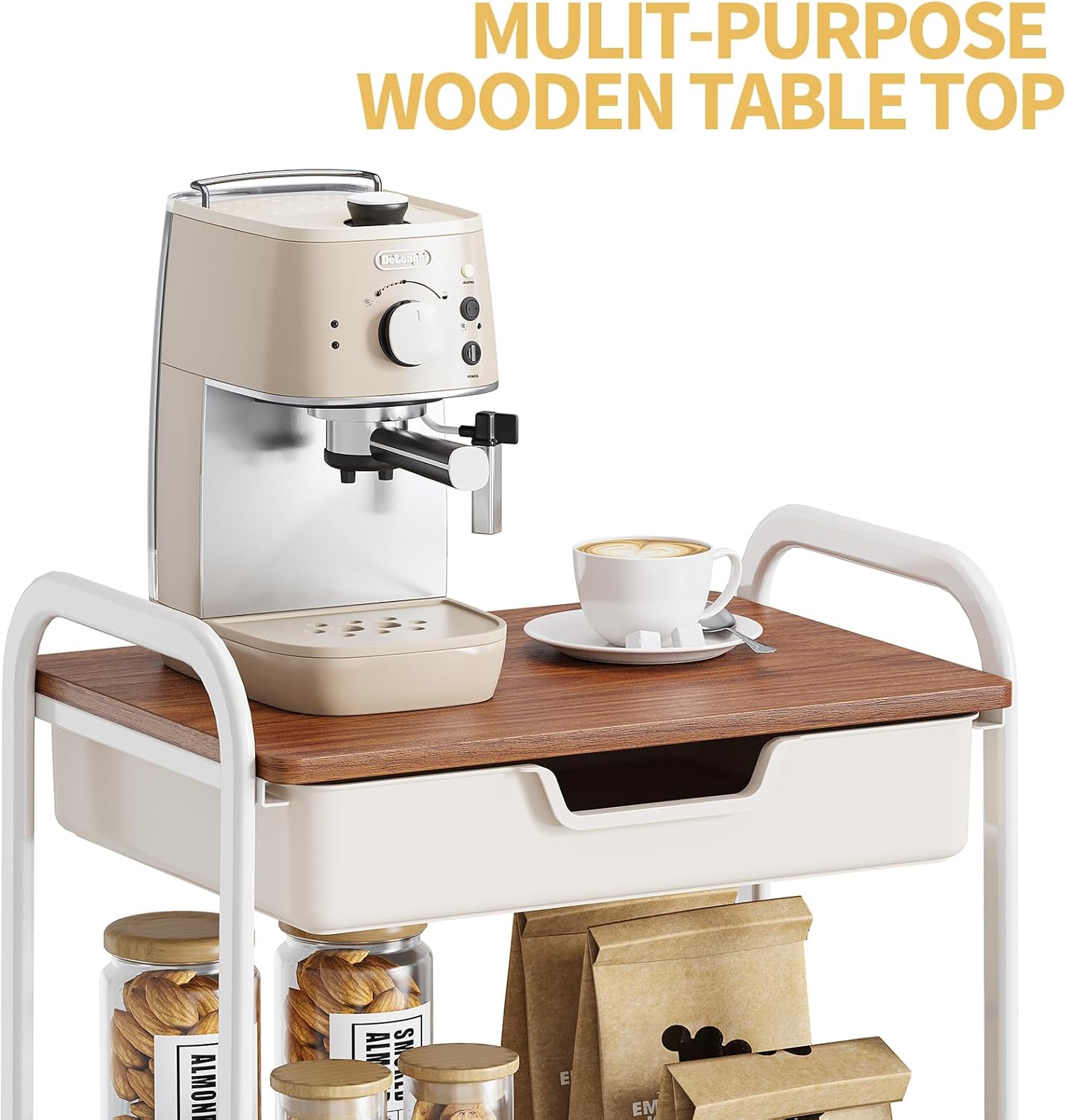 TOOLF 3-Tier Metal Utility Rolling Cart with Drawer & Wooden Table Top, Storage Cart White Trolley Kitchen Organizer Rolling Desk with Locking Wheels for Office, Classroom, Dorm, Bedroom