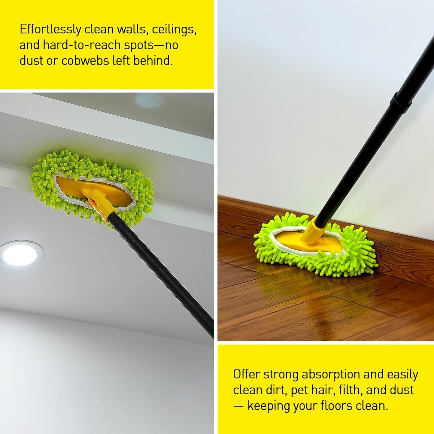 Grout Brush with Long Handle, Rotation Tile Grout Cleaning Tool, Wall Cleaner Mop, Baseboard Scrubber with 1 Chenille Duster for Painted Walls, Floor and Corners, V-Shape Shower Scrubber Cleaner -59in