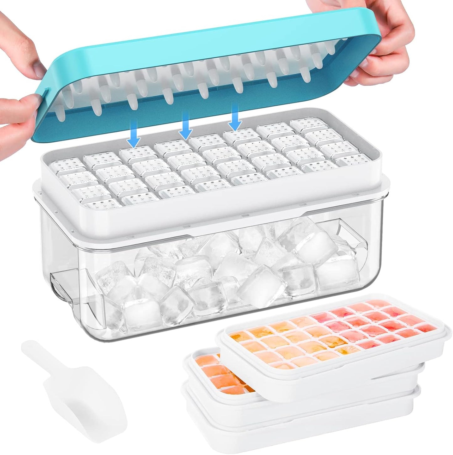 PHINOX Ice Cube Tray with Lid and Bin, 3 Pack Plastic Ice Cube Tray Molds, 96(4 * 8 * 3) pcs Ice Trays for freezer, Chilling Drinks, Whiskey & Cocktails, with Ice Container and Ice Scoop, BPA-Free