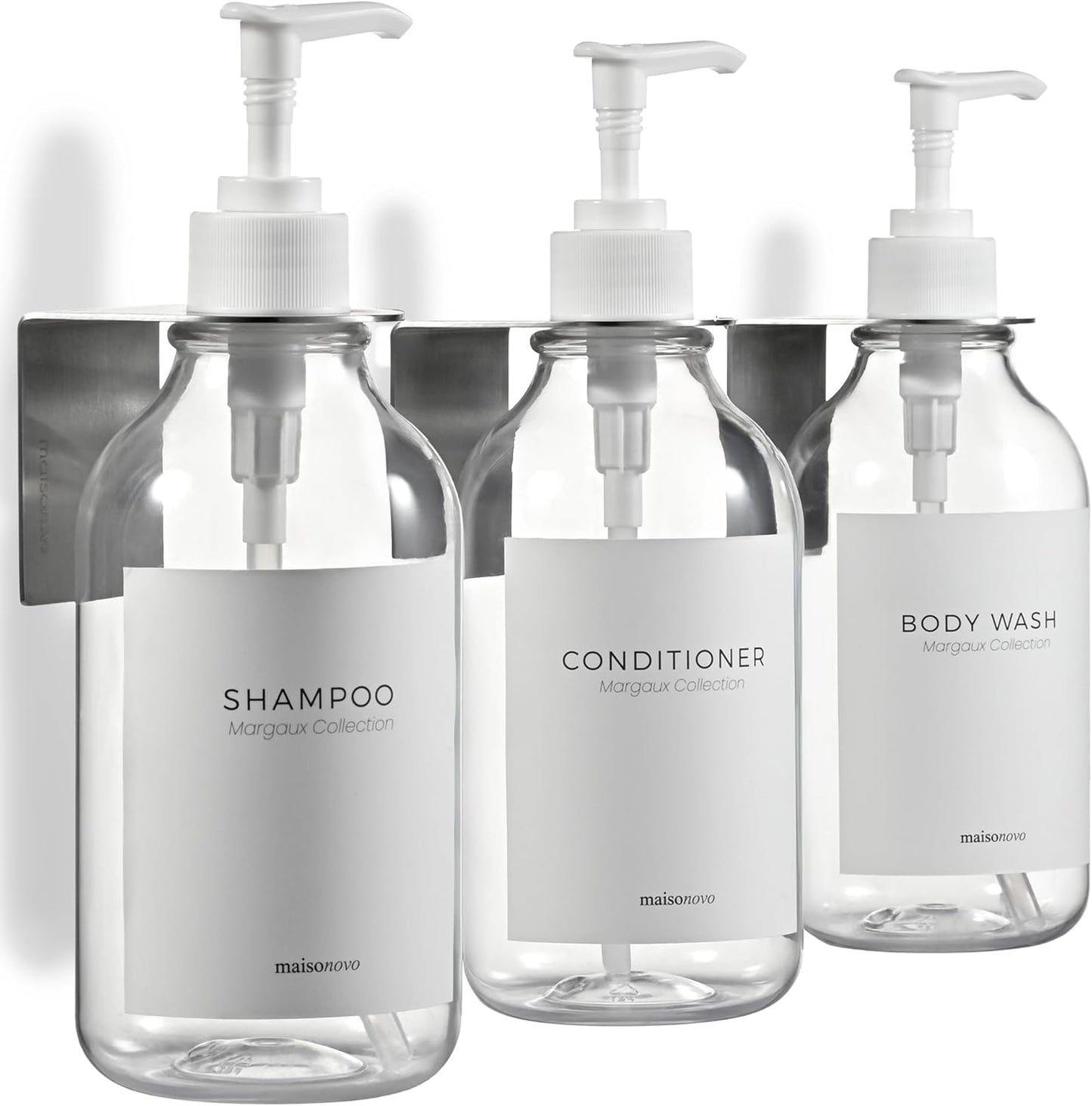 MaisoNovo Shampoo and Conditioner Dispenser - Shower Soap Dispenser Wall Mounted - 16.9 fl oz Set of 3 Clear Plastic Bottles White Pump - Shampoo Dispenser, Shower Dispenser 3 Chamber No Drill