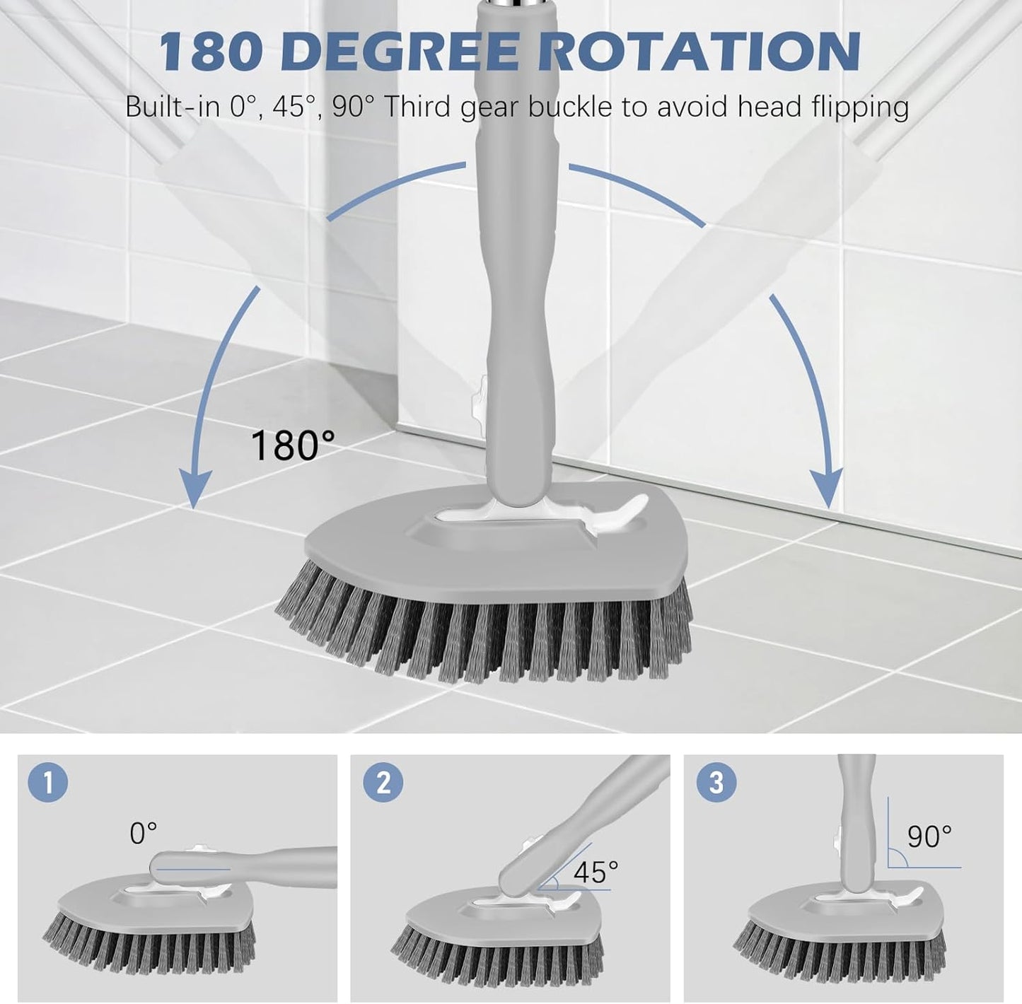 SetSail 4-in-1 Tile Tub Floor Scrubber with 52-inch Adjustable Long Handle Shower Cleaner Brush with Window Scrubber and 3 Replacement Brush Heads for Bathroom Kitchen Walls Tub Tile Sink, Grey