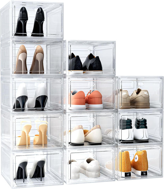12 Pack Upgrade Harder Solid Plastic Shoe Organizer, Shoe Boxes Clear Stackable, Sneaker Storage for Closet, Shoe Display Case