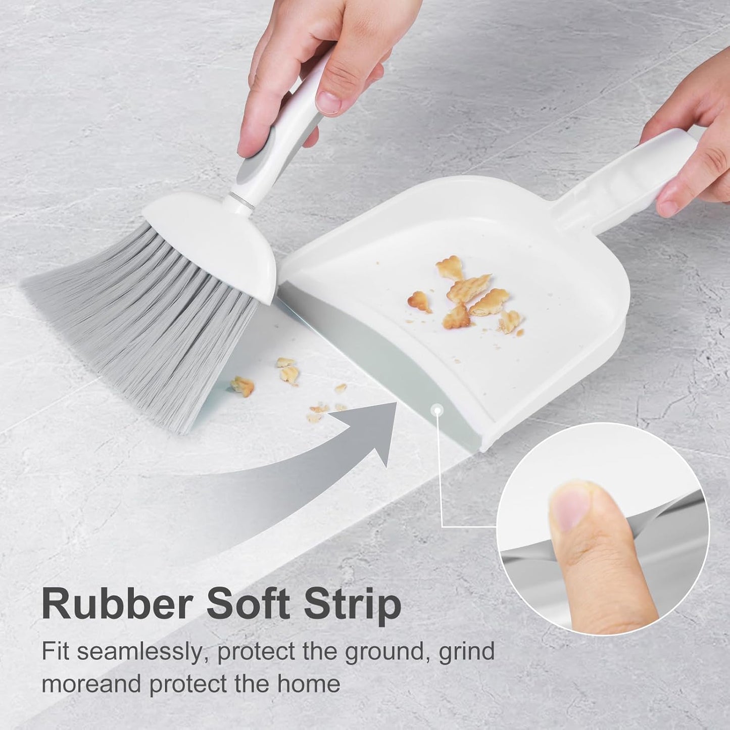 NACENA Small Dust Pan and Brush Set, Mini Broom and Dustpan Set Small Hand Broom and Brush Combo Dust Pan with Teeth for Home Cleaning Drawers Desktop Sofas Pet Care and Outdoor, White & Gray