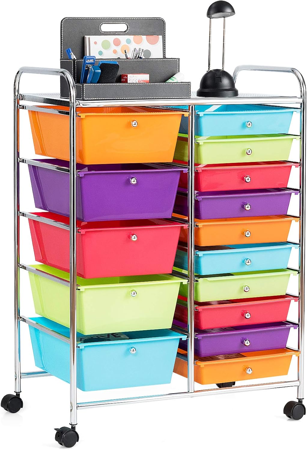 GOFLAME 15-Drawer Rolling Storage Cart, Multipurpose Movable Organizer, Utility Cart for Home, Office, School, Multicolored