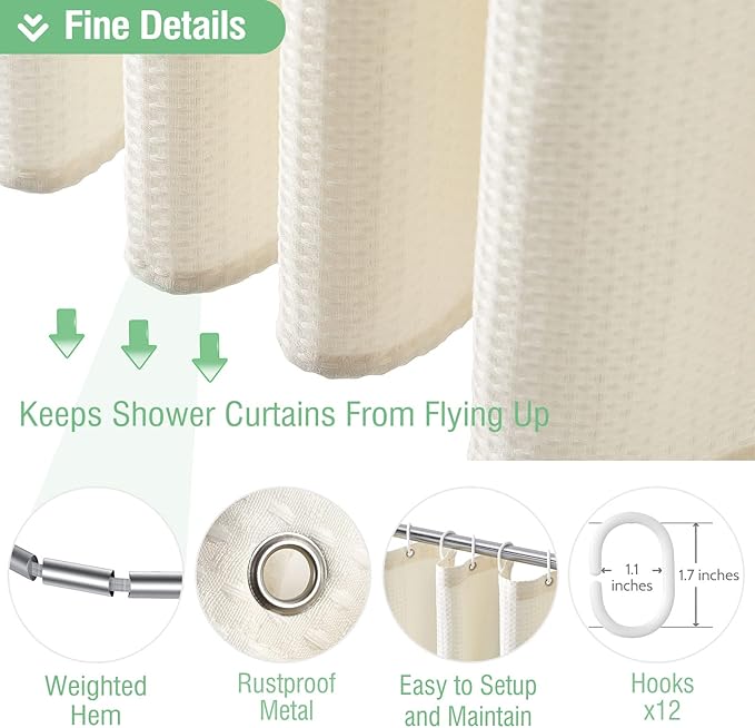 Dynamene Extra Long Fabric Shower Curtain， Waffle Weave 84 Inches Long Heavy Duty Cloth Shower Curtains for Bathroom, 256GSM Hotel Luxury Bath Curtain Set with 12 Plastic Hooks(72Wx84H, Cream/Ivory)