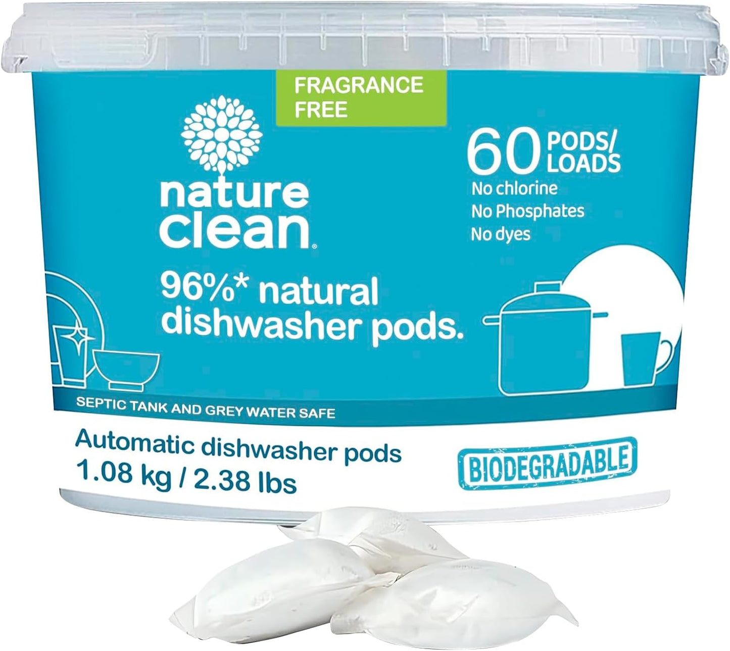 Nature Clean All Natural Dishwasher Pods, Plant-Based Non Toxic Dishwasher Detergent, Dishwashing Tough on Grease, Dish Pods for Dishwasher, 60 Count, Pack of 1