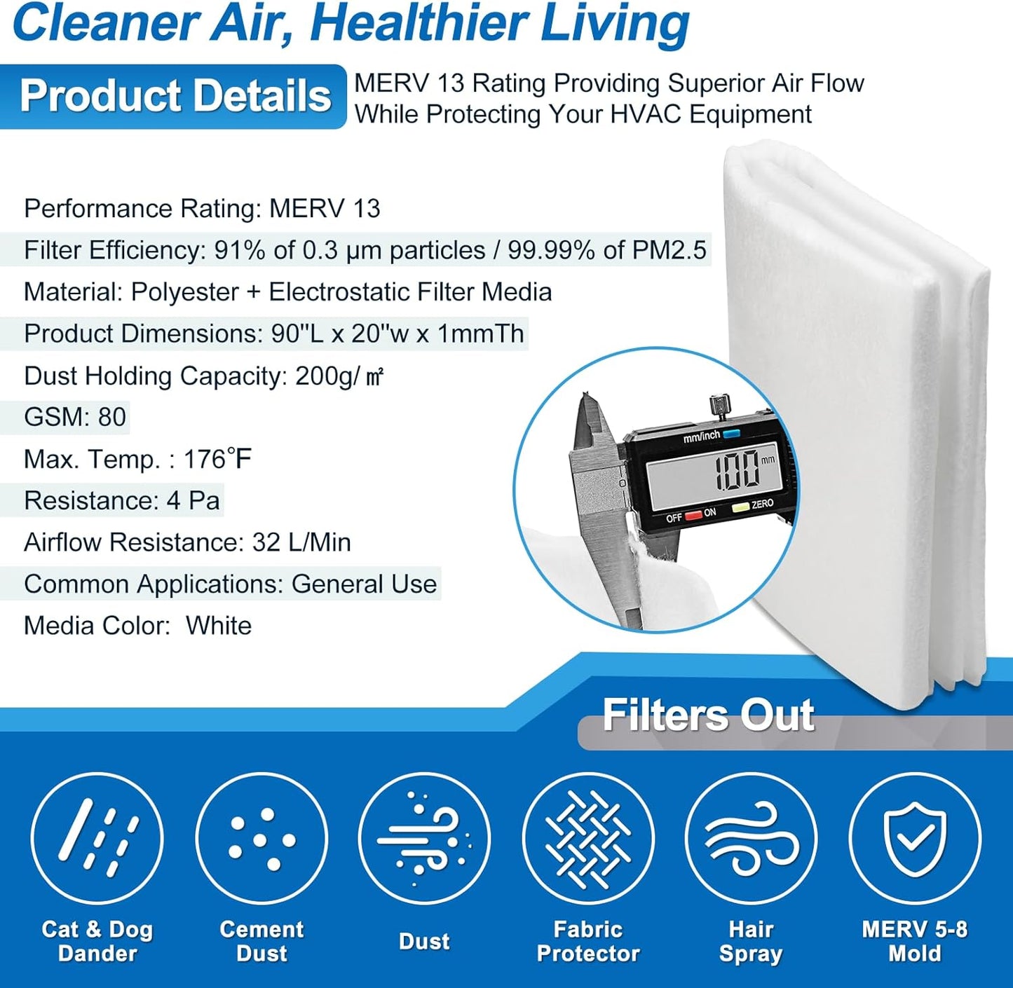 UCINNOVATE MERV 13 Filter Media 20"x90", 2 Pack 12.5 Ft² Cut to Fit Electrostatic Air Filters with 125" Tape, Reduce Dust, Pollen and Pet Dander(0.3 Microns) for HVAC AC Vent Purifiers Home Ceiling