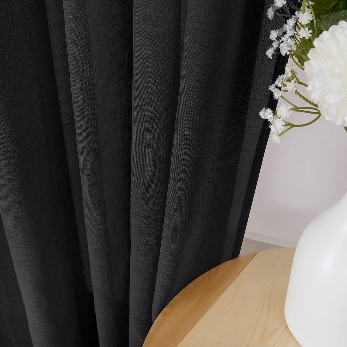 Tollpiz Short Sheer Curtain Linen Textured Living Room Curtains Sheer Light Filtering Rod Pocket Voile Curtain for Bedroom, 42 x 54 inches Long, Black, Set of 2 Panels