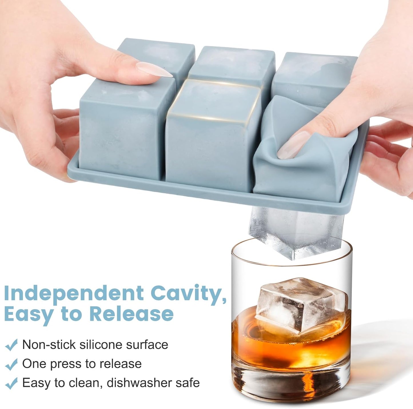 Large Silicone Ice Cube Tray 3Pack, SAWNZC Big Square Ice Cube Molds for Whisky Cocktail, Ice Maker Tray with Lid for Freezer, Easy Release (3, Blue-Green-Yellow)