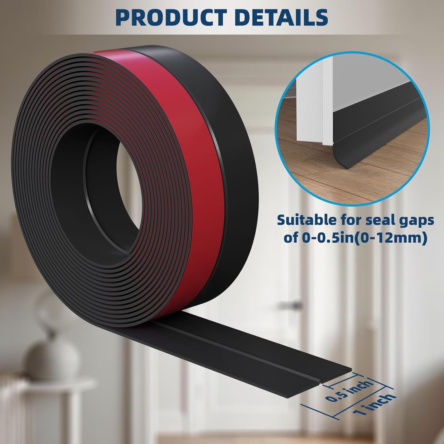 Heavy-Duty 36 ft x 1 in Weather Stripping, Extra Thick 2mm Door Draft Stopper Silicone Seal Strip for House and Glass Shower Doors for Collision and Side Gaps of Door and Windows, Black