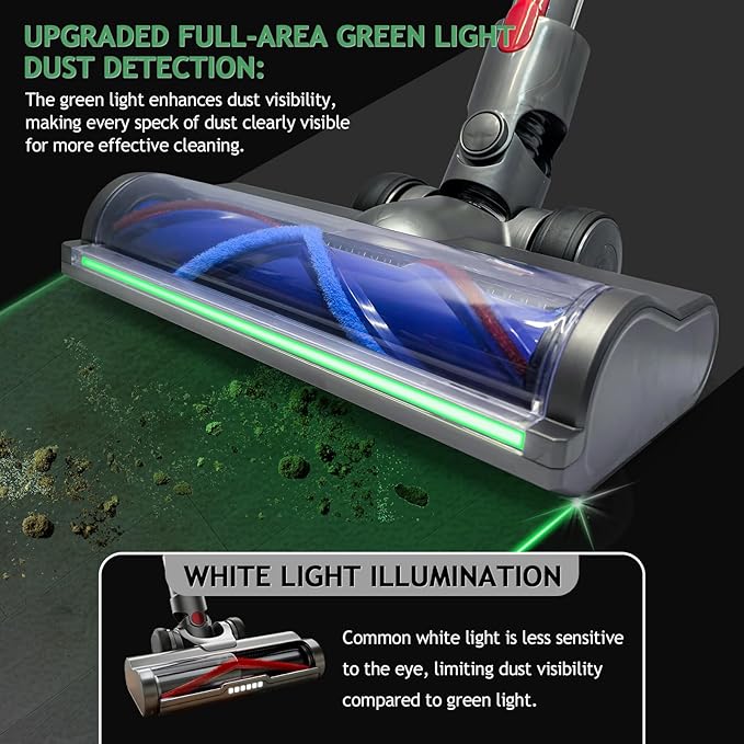 Vacuum Head Hardwood Floor Attachment for Dyson Cordless Vacuum V7 V8 V10 V11 V15 G5 V8 slim, Replacement Cleaner Head full-area LED Green Light, Quick-Release Design for Hard Floor Short Pile Carpets
