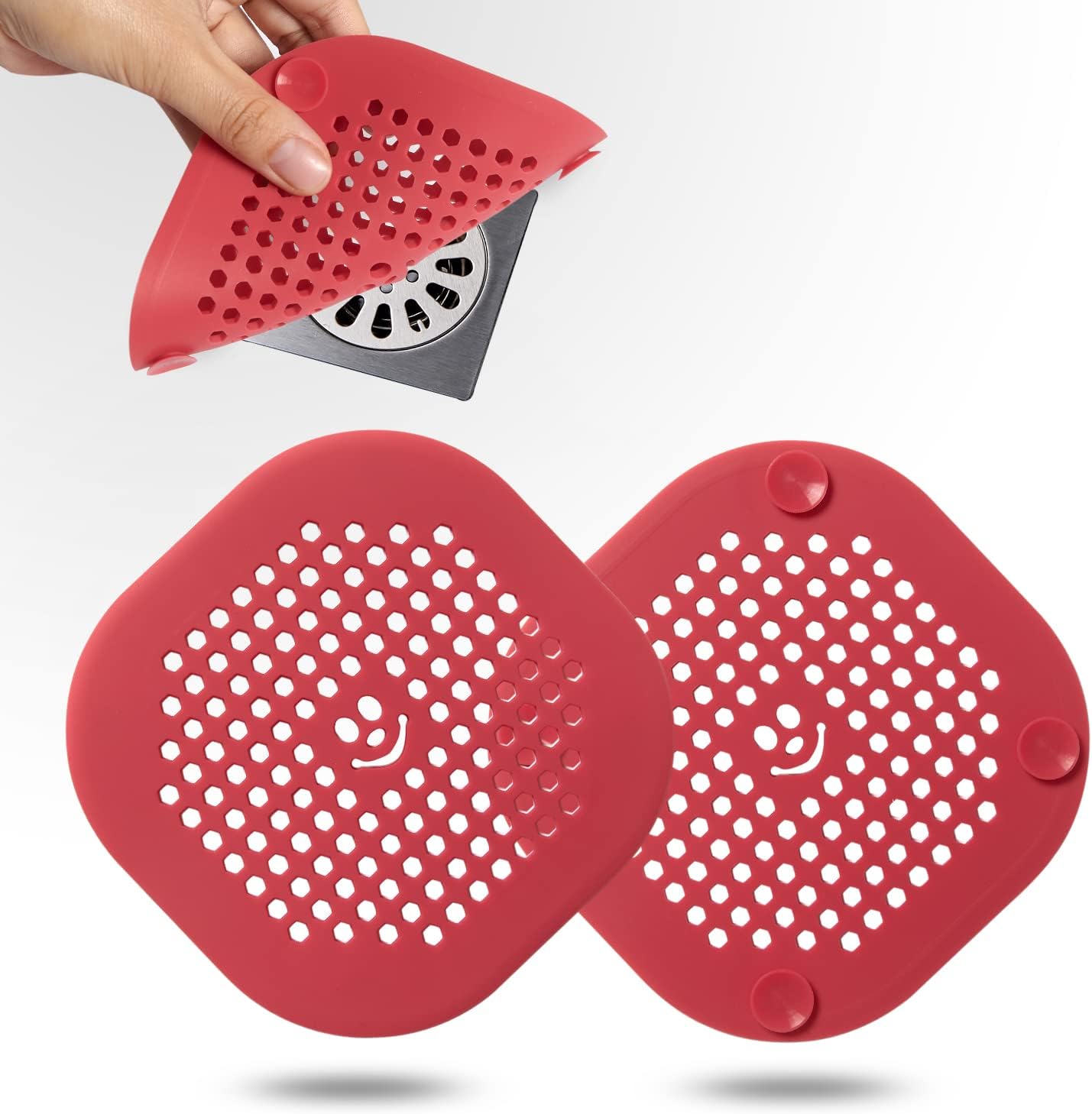 2 Pack Drain Hair Catcher Silicone Drain Protector Hair Stopper with Suction Cup for Shower Kitchen Bathroom Rose Red Set of 2