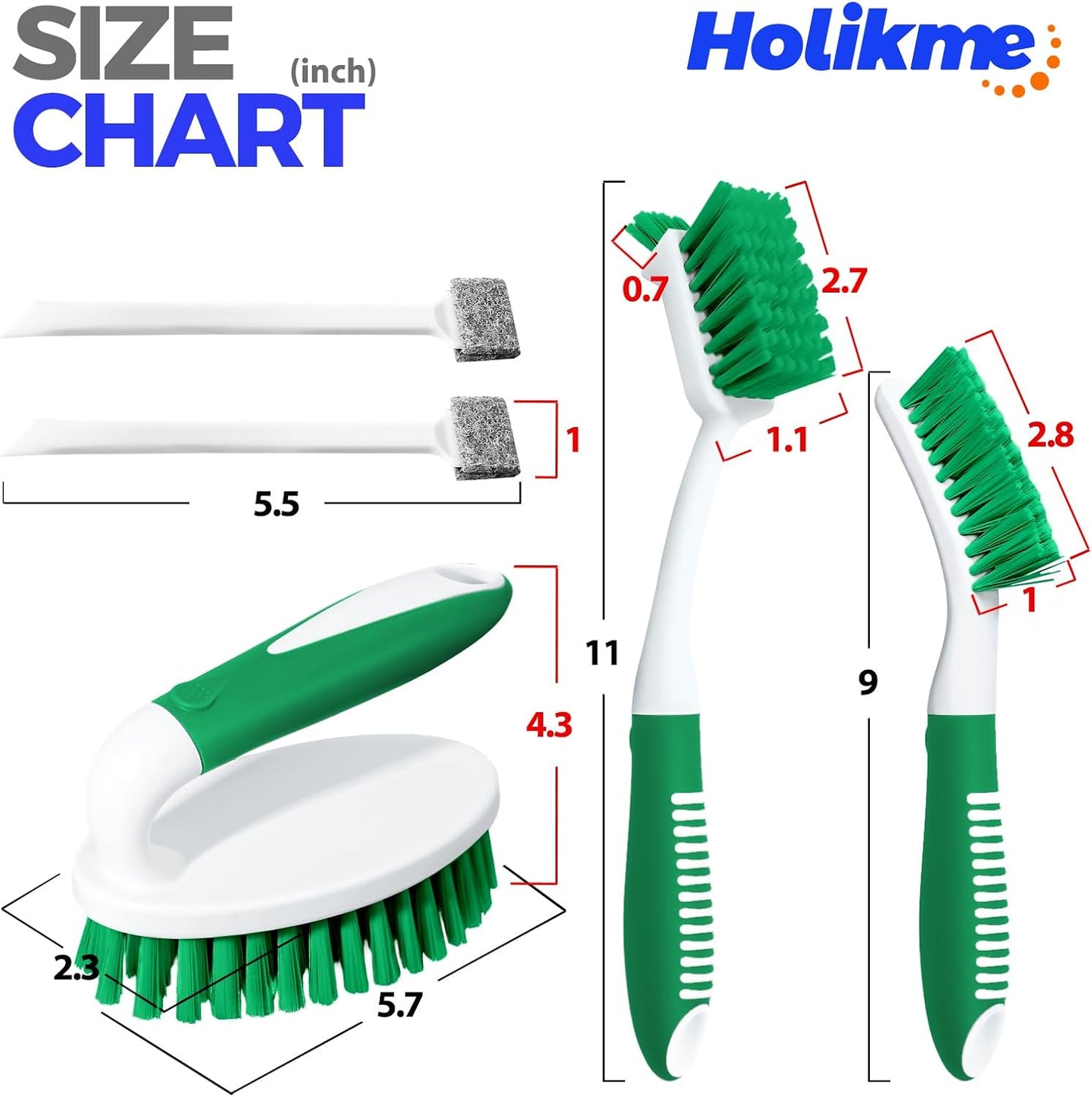 Holikme Cleaning Brush Set for Household Use, Scrub Brush, Kitchen Brush, Tile Lines Brush for Bathroom, Floor, Tub, Shower and Kitchen Surface (Green)
