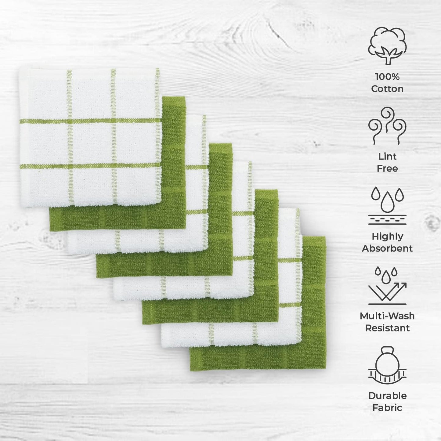 100% Cotton Terry Dish Cloth & Dish Towel, 6 Pack, Super Soft and Absorbent Kitchen Towels, Perfect for Kitchen Cleaning and Dish Washing (Green (Solid and Checks) 8 Pack)