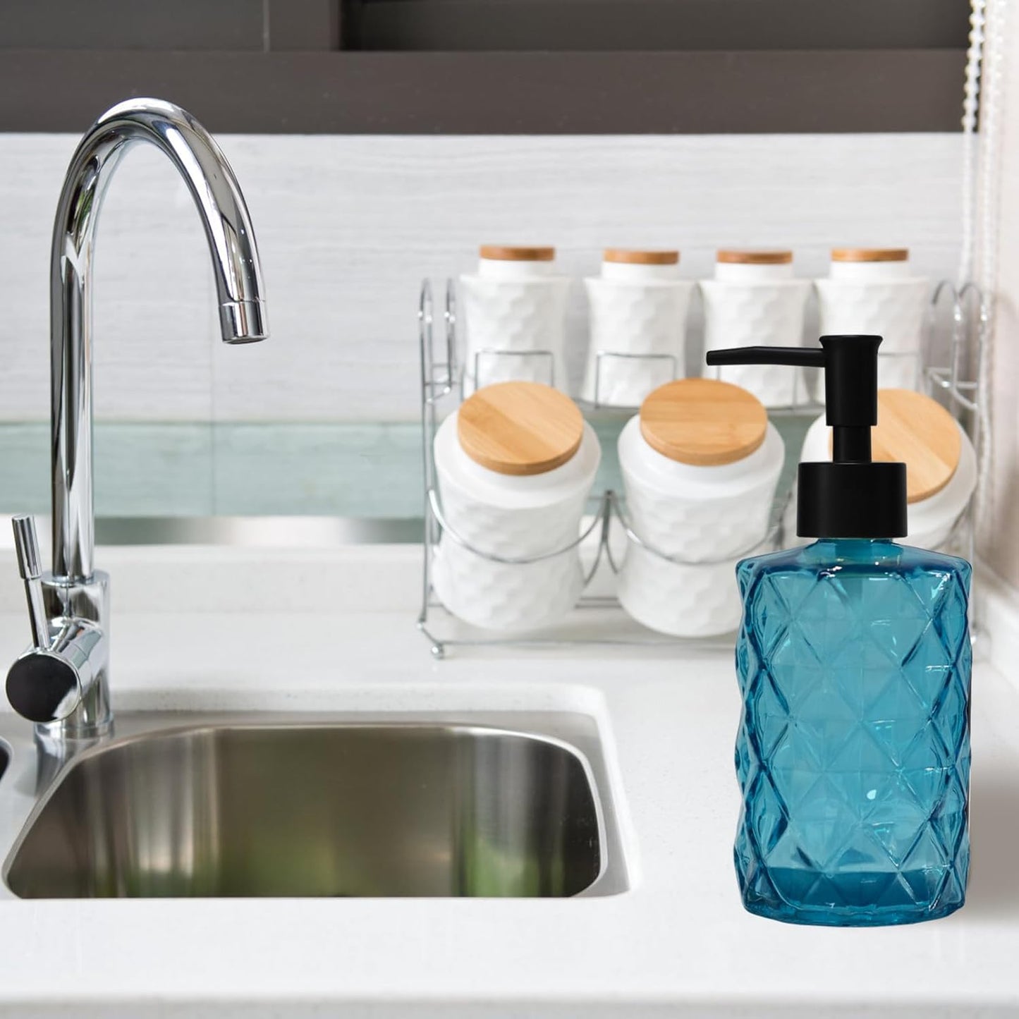 Blue Glass Soap Dispenser with Black Plastic Pump, 12oz Refillable Liquid Hand Soap Dispenser, Crystal Lotion Bottle for Modern Home Decor, Bathroom, Kitchen Countertop, Hotel