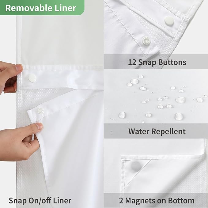 White No Hook Shower Curtain with Snap-in Fabric Liner Set,Waffle Weave Shower Curtains for Bathroom,Hotel Luxury Decor Bathroom Curtain Set,Waterproof & Washable,71Wx77H