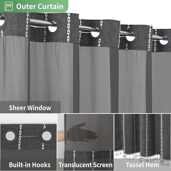 Boho Farmhouse No Hook Shower Curtain Set with Snap-in Fabric Liner,Heavy-Duty Linen Textured Rustic Striped Design,Water-Repellent with Tassels and Sheer Window,Charcoal Grey,71x74