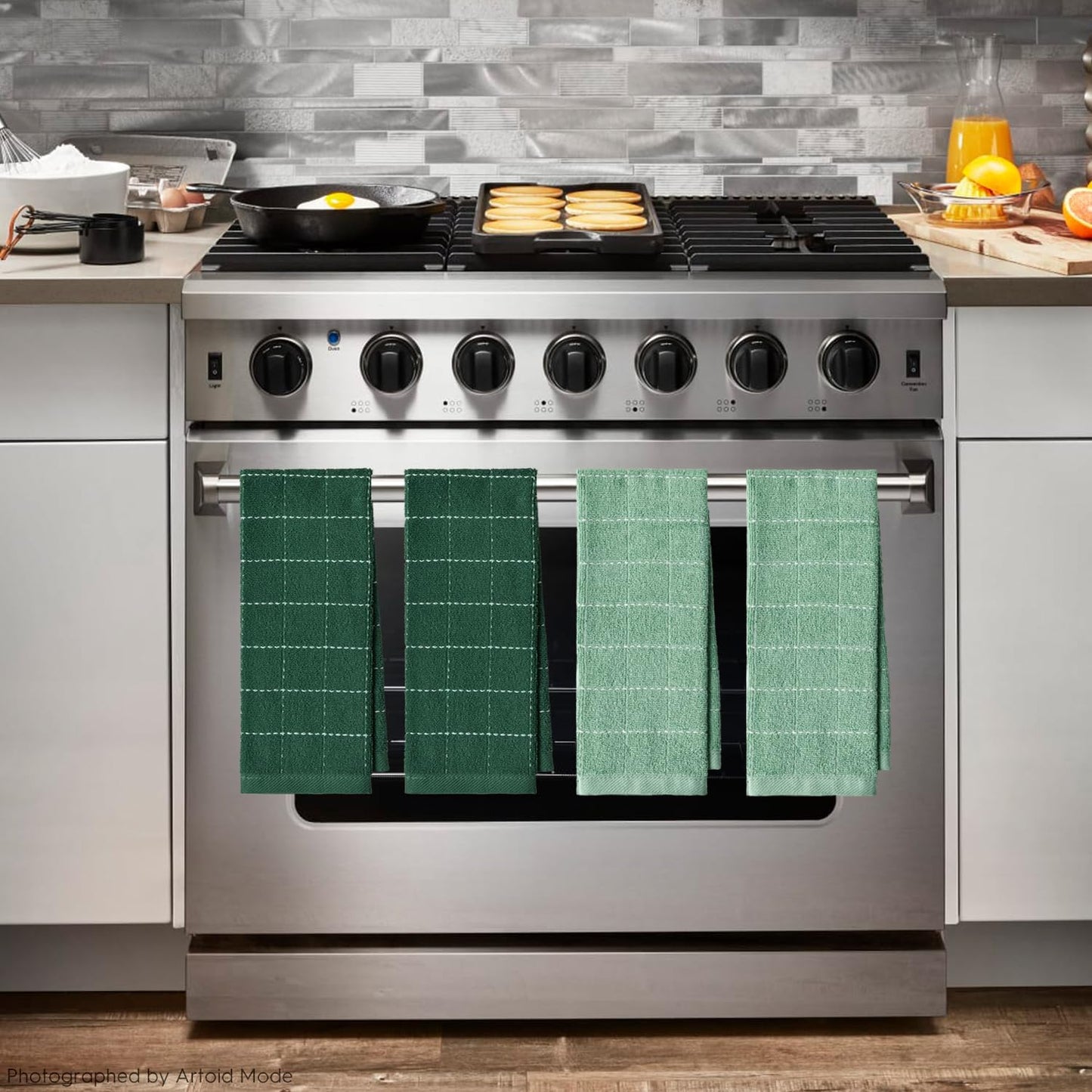 Artoid Mode Checkered Designed Cotton Dark Green Terry Kitchen Dish Towels, 15x25 Inch Soft Absorbent Quick Drying Cleaning Tea Towels Set of 4