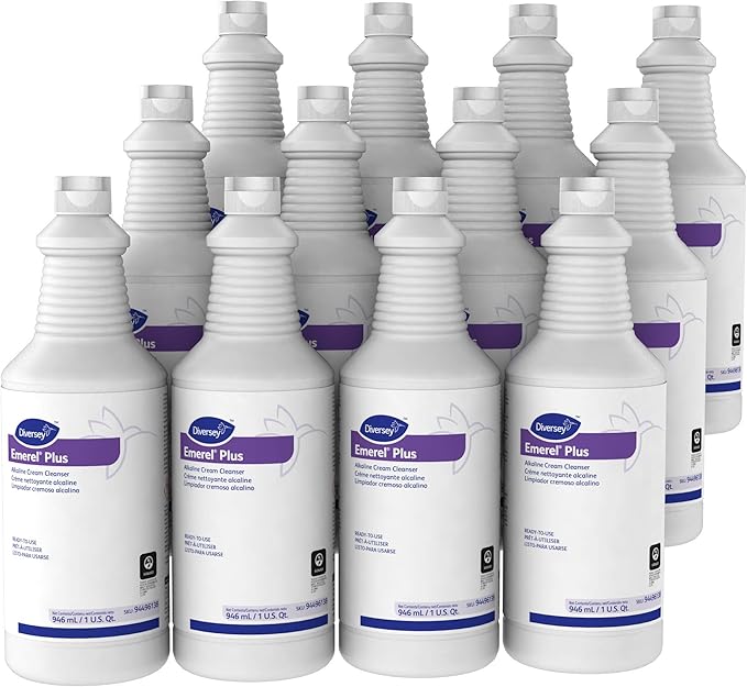 Diversey 94496138 Emerel Plus Crème Cleanser, No Scratch Cream Formula Removes Hard Water Deposits, Soap Scum, Scuff Marks & More, Ready-to-Use Squeeze Bottle, 32-Ounce