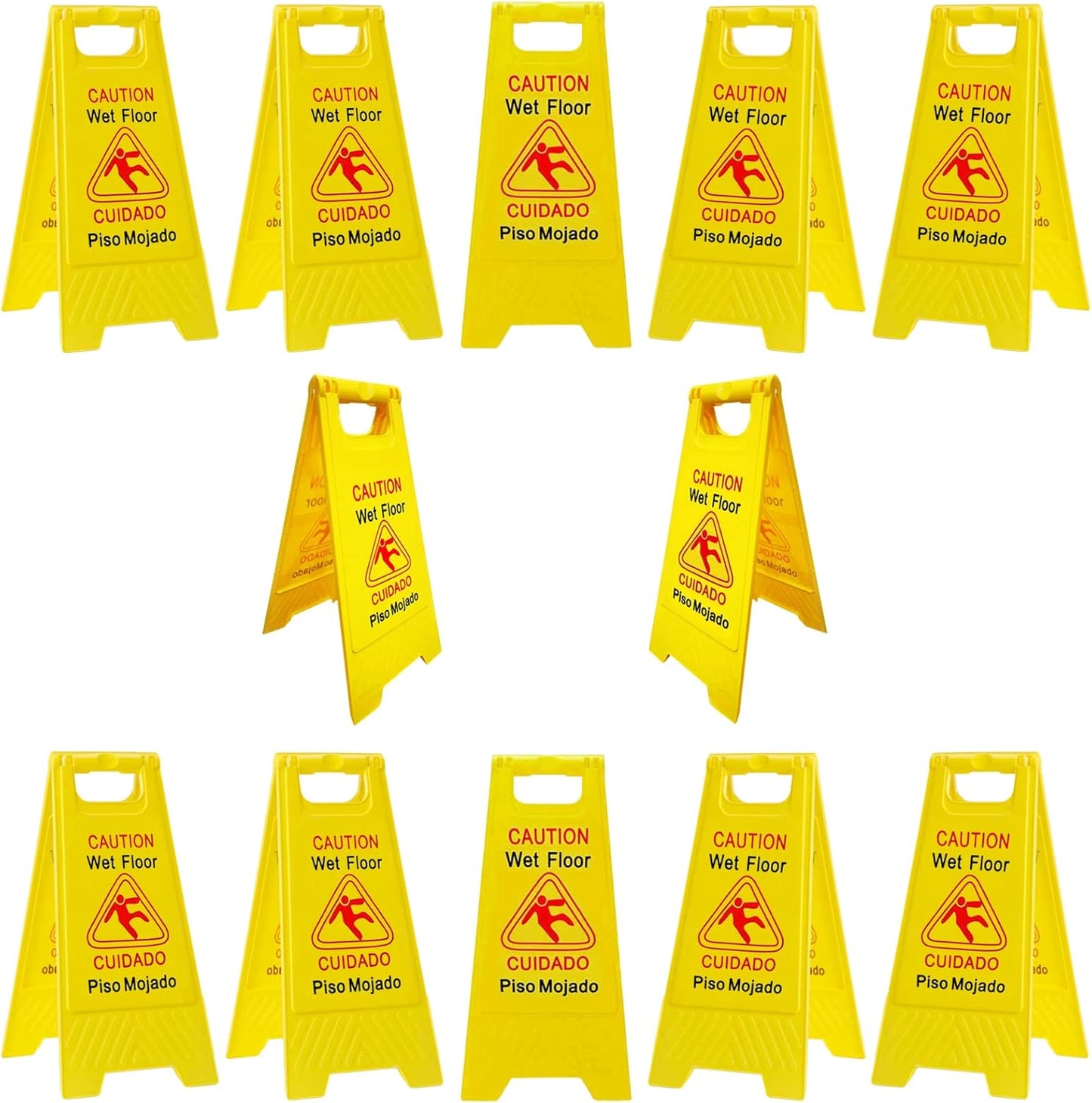 12-Pack Caution Wet Floor Signs | Foldable Sturdy Double-Sided Bilingual Saftey Warning Signs | Cuadado Piso Mojado| Avoid Fall & Slip Accident | Bright Yellow