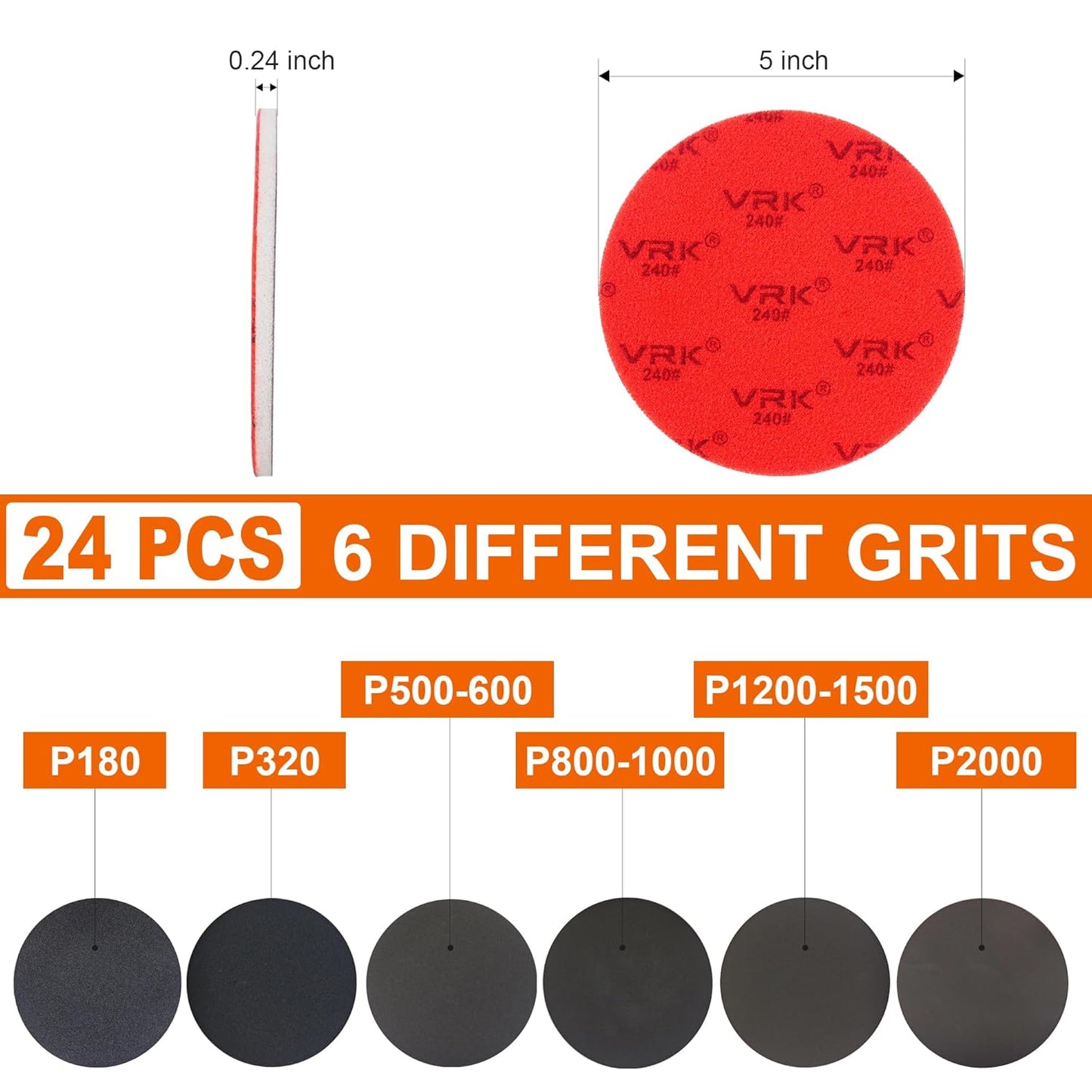 24 PCS 5 Inch Sanding Sponge Discs with Hook and Loop Backing - Multiple Grits 180 to 2000 for Random Orbital Sander Wood,Metal,Auto & Plastic Polishing - Dry and Wet Use Sponge Sandpaper
